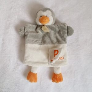 Doudou marionnette P comme Pingouin gris blanc orange BABY NAT