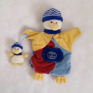 Doudou marionnette Canard et bébé bleu jaune DOUDOU ET COMPAGNIE