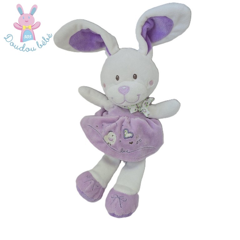 Doudou Lapin blanc mauve robe coeur love 26 cm TEX