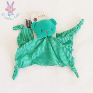 Doudou plat Ours tissu rayé vert et blanc ORCHESTRA