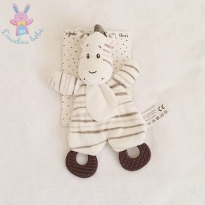 Doudou plat Zèbre blanc gris taupe rayé dentition ACTION