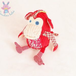 Doudou Singe Bogos rouge côtelé et fleurs 32 cm LES DEGLINGOS