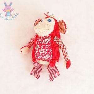 Doudou Singe Bogos rouge côtelé et fleurs 32 cm LES DEGLINGOS