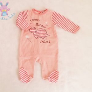 Pyjama velours saumon rayé tortue bébé fille 3 MOIS