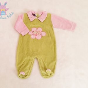 Pyjama velours vert et rose fleurs à pois fille 3 MOIS