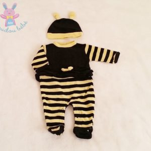 Pyjama velours abeille noir et jaune + bonnet bébé fille 1 MOIS