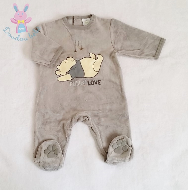 Pyjama velours gris Winnie bébé garçon 1/3 MOIS DISNEY