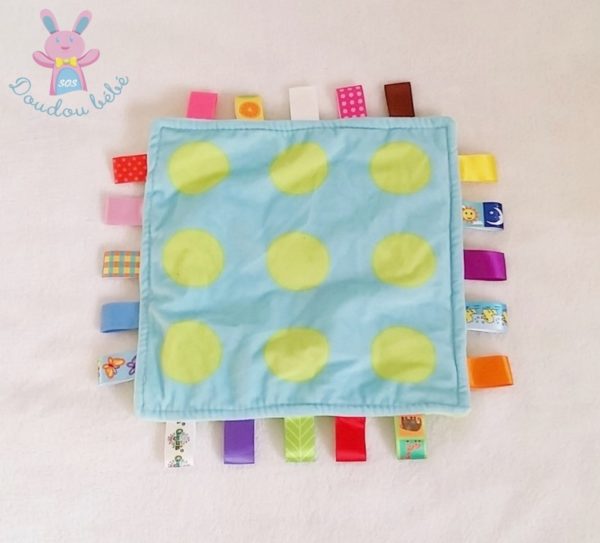Doudou plat carré bleu vert étiquettes TAGGIES