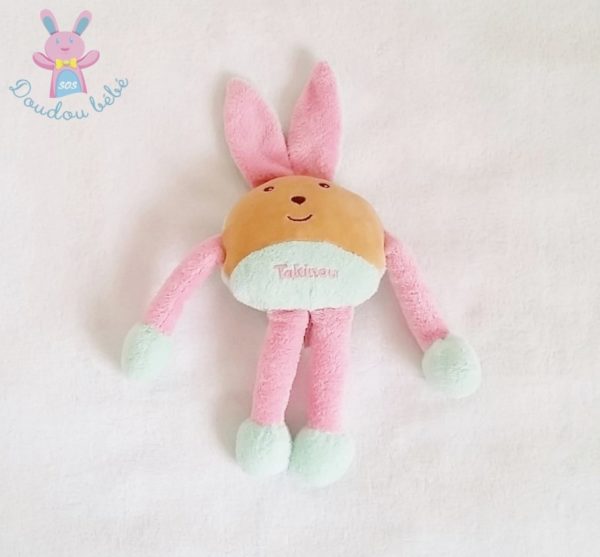 Doudou Lapin beige rose et bleu-vert TAKINOU