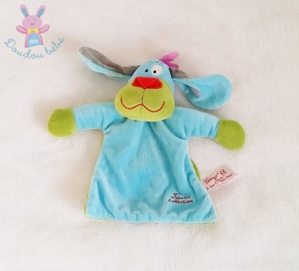 Doudou plat Chien bleu vert gris rouge TIAMO