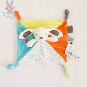 Doudou plat Lapin orange bleu blanc étoiles rayé OBAIBI