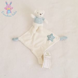 Doudou Ours bleu blanc mouchoir étoiles attache tétine PREMAMAN