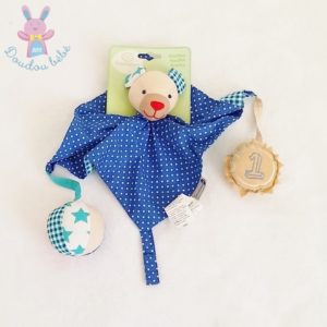 Doudou plat Ours grelot bleu pois vichy balle soleil PREMAMAN