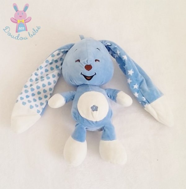 Doudou Lapin bleu blanc étoiles coeurs AUCHAN