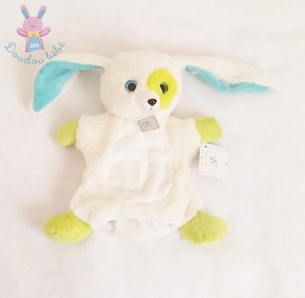 Doudou Marionnette Lapin blanc anis bleu OH STUDIO