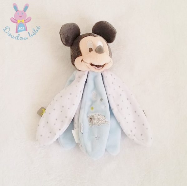 Doudou Mickey pétales bleu blanc étoiles moutons DISNEY