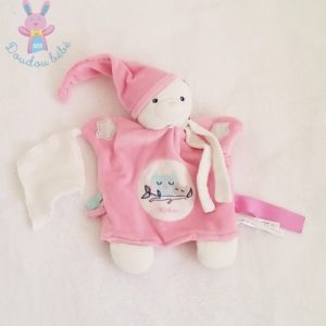 Doudou marionnette Ours rose blanc hiboux mouchoir KALOO