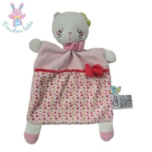Doudou plat Chat blanc rose fleurs MOTS D’ENFANTS