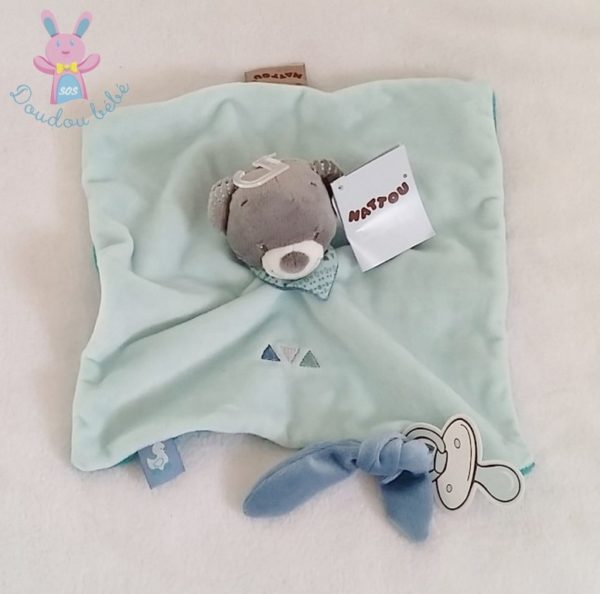 Doudou plat Ours Jules gris bleu attache tétine NATTOU