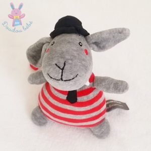 Doudou Lapin rayé gris rouge chapeau noir ORCHESTRA