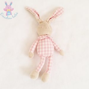 Doudou Lapin beige carreaux rose blanc KLORANE