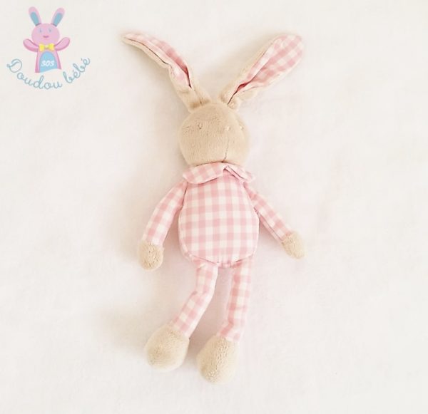 Doudou Lapin beige carreaux rose blanc KLORANE