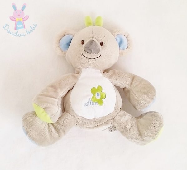Doudou Koala Arthur gris bleu vert Bébisol