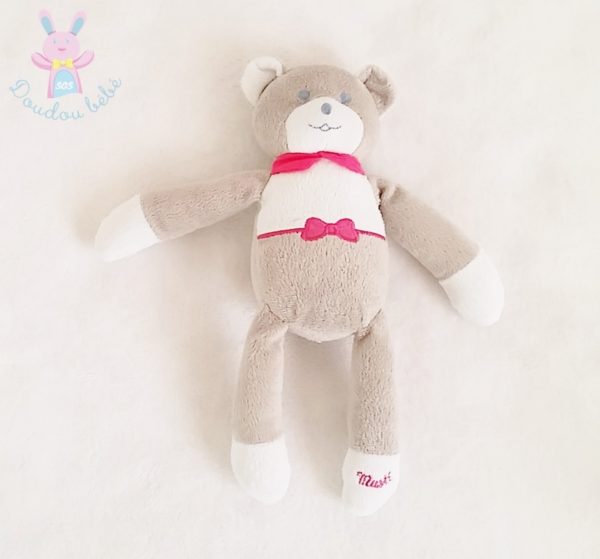 Doudou Ours gris rose nœud MUSTELA