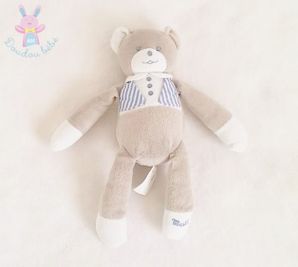 Doudou Ours gris veste rayée bleu MUSTELA