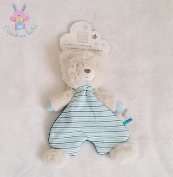 Doudou plat Ours blanc rayé bleu SUCRE D'ORGE