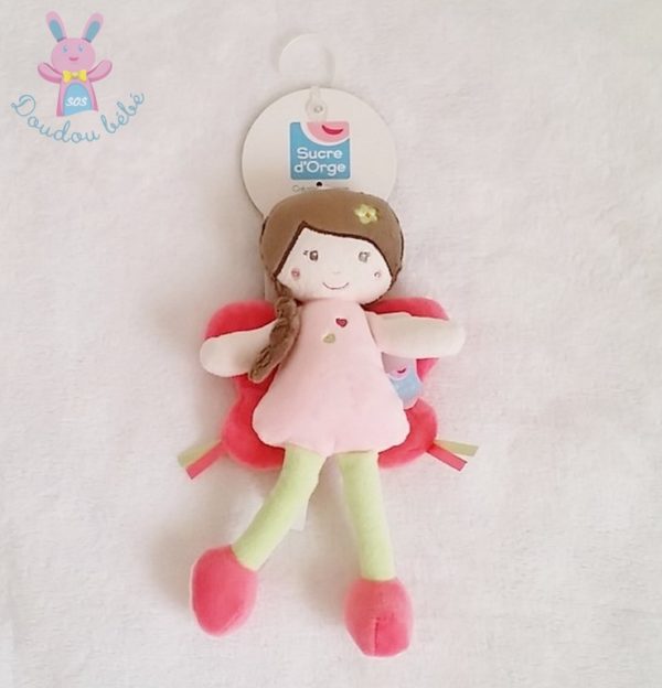 Doudou Poupée papillon rose vert marron SUCRE D'ORGE