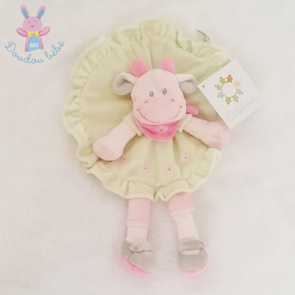 Doudou plat Vache vert rose fleurs NICOTOY