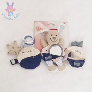 Doudou livre d’éveil Chien beige bleu POMMETTE