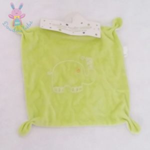 Doudou plat carré vert blanc éléphant CORA