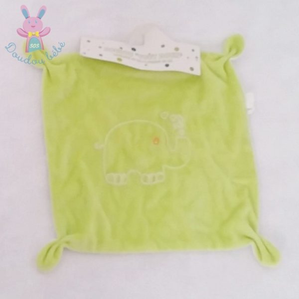 Doudou plat carré vert blanc éléphant CORA