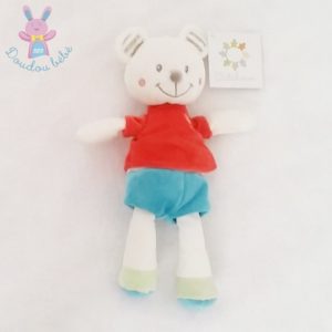 Doudou Ours blanc rouge bleu oiseau NICOTOY