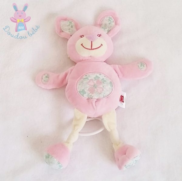 Doudou Lapin musical rose écru fleurs TEX