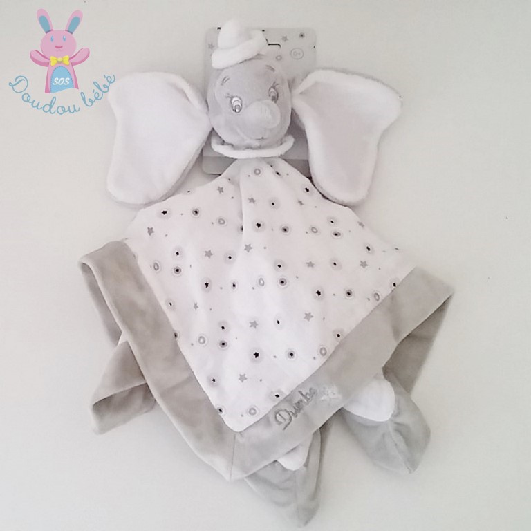 Doudou plat éléphant Dumbo gris blanc tissu DISNEY