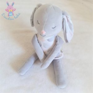 Doudou Lapin gris rose blanc robe 40 cm OBAIBI