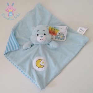 Doudou plat Bisounours bleu grelot lune rayé CARE BEARS