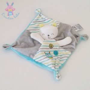 Doudou plat Ours gris bleu rayé MOTS D’ENFANTS