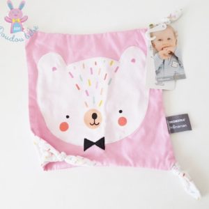 Doudou plat Ours carré tissu rose blanc ORCHESTRA