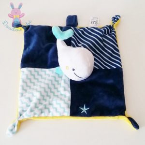 Doudou plat Baleine bleu jaune blanc attache tétine Gémo