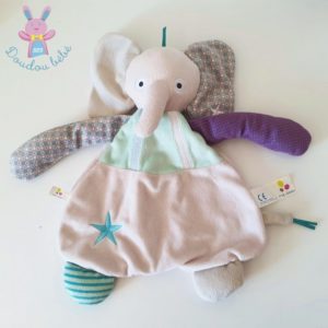 Doudou plat éléphant gris vert violet AUBERT P’TIT BISOU