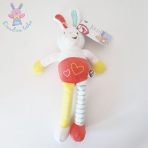 Doudou Lapin grelot blanc orange jaune cœurs AUCHAN