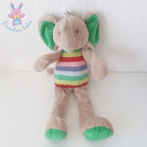 Doudou éléphant beige vert rayé 35 cm NICOTOY