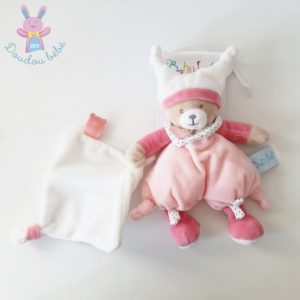 Doudou Ours Brioche rose mouchoir blanc BABY NAT