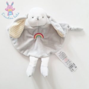 Doudou plat Lapin gris blanc arc en ciel TOM & KIDDY