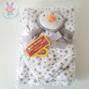 Doudou plat Pingouin gris blanc étoiles + Plaid BABYGRO