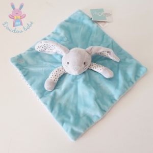 Doudou plat Lapin bleu turquoise gris blanc étoiles OBAIBI